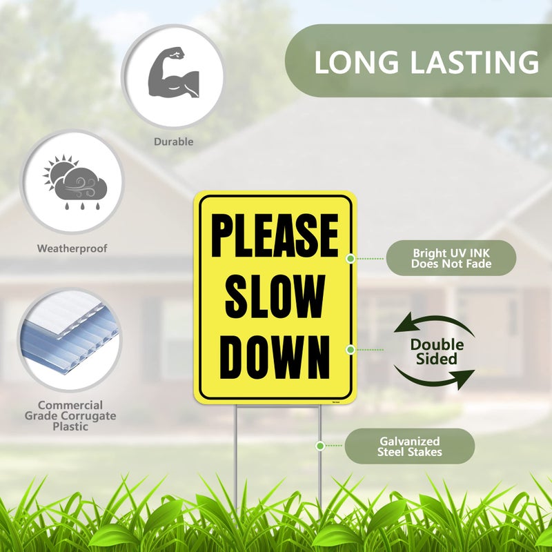 Venicor 2PC Please Slow Down Signs with Stake, 13"x17" - Double Sided Signs - Corrugated Plastic - Kids Children At Play Safety Sign for Street - Image 3